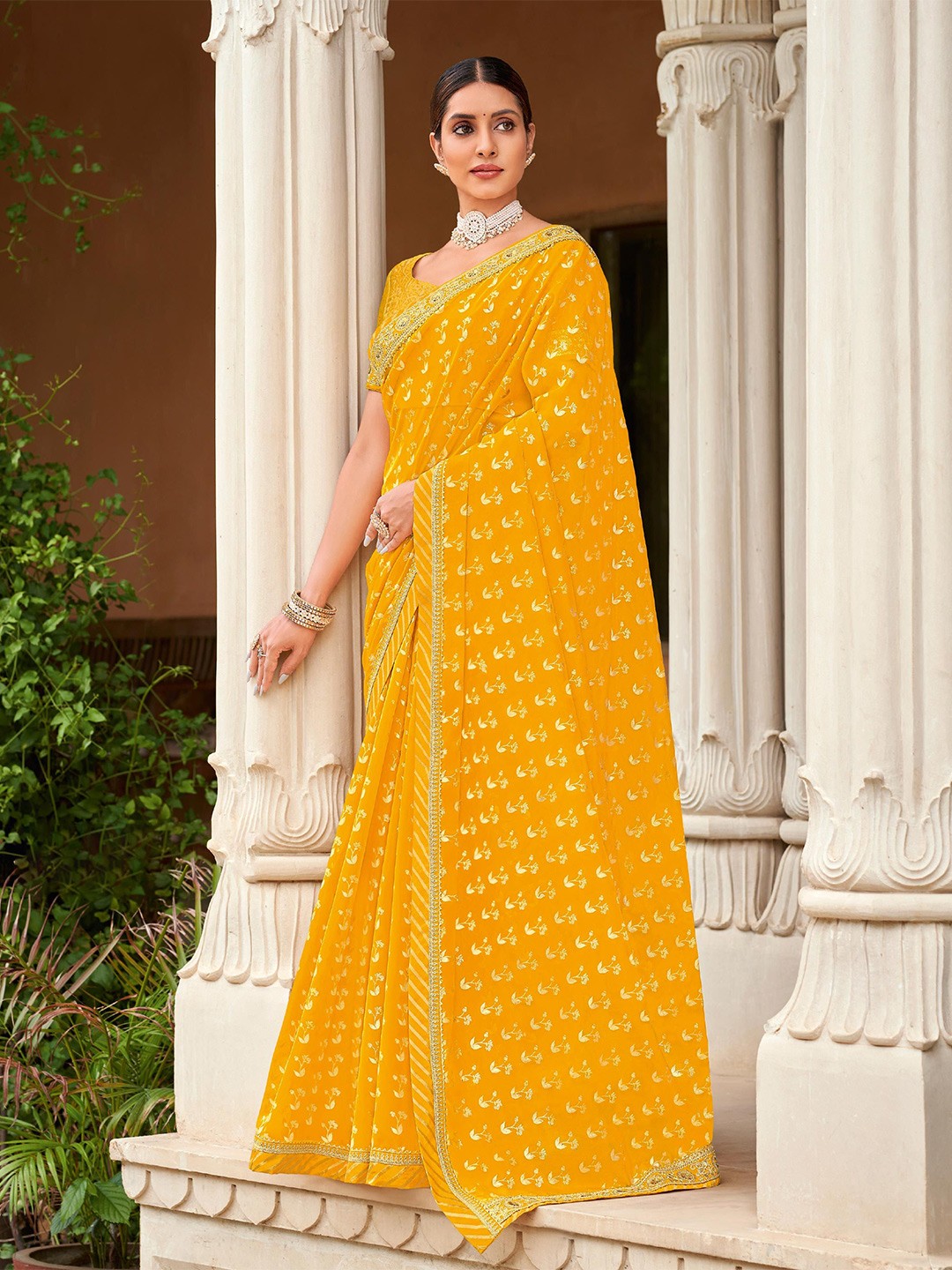 

Laxmipati Floral Embroidered Organza Designer Saree, Yellow