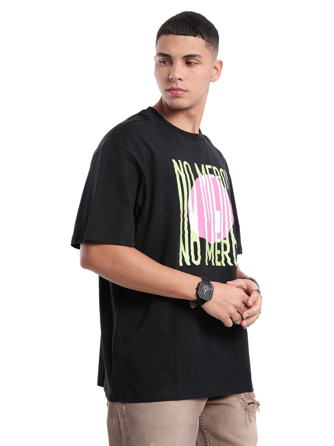 

WROGN Men Typography Printed Round Neck Cotton Oversized T-shirt, Black