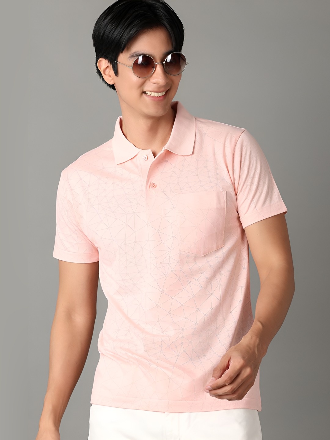 

V-Mart Men Geometric Printed Polo Collar Cotton T-shirt, Pink