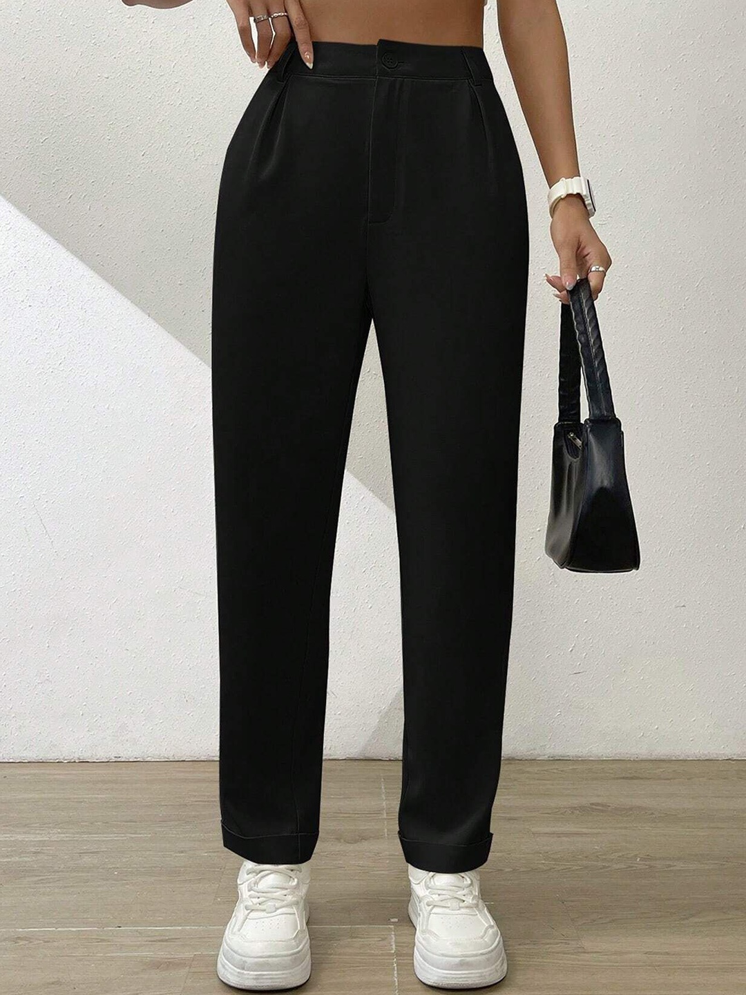 

FNOCKS Women Tailored Mom Fit High-Rise Wrinkle Free Trouser, Black