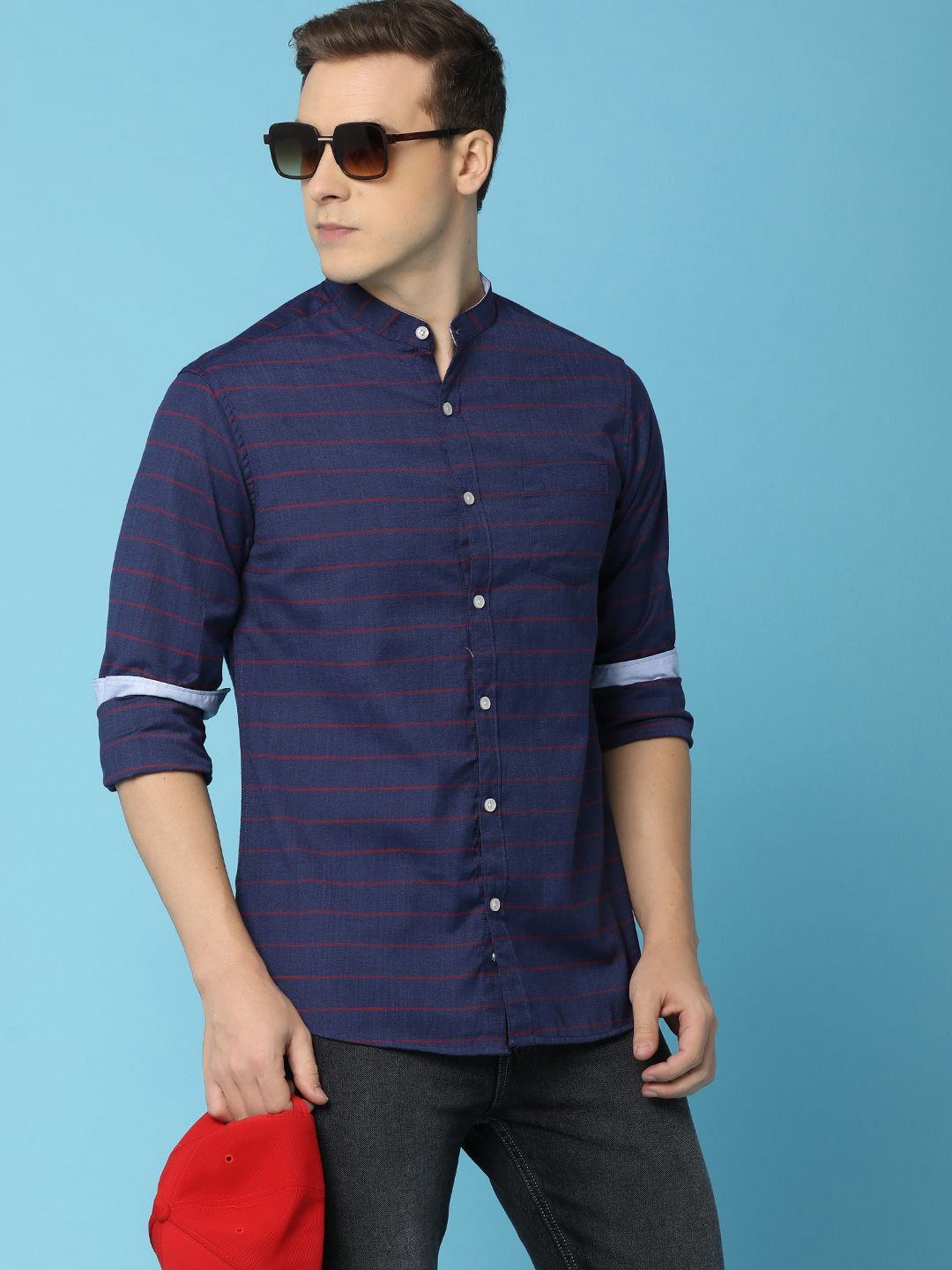 

V-Mart Men Band Collar Horizontal Striped Cotton Casual Shirt, Navy blue