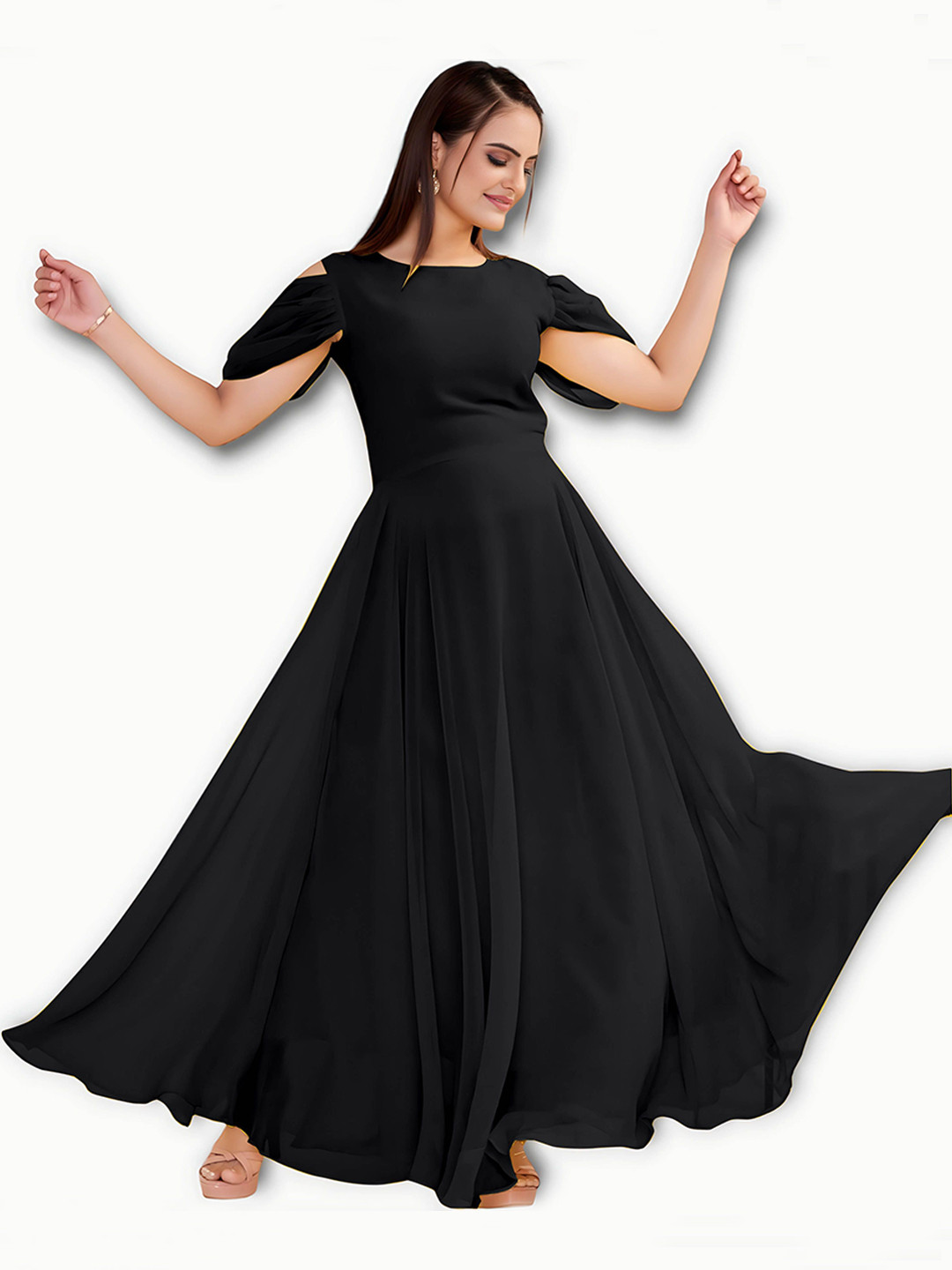 

Krunal Raiyani Applique Georgette Cold-Shoulder Sleeves Fit & Flare Maxi Dress, Black