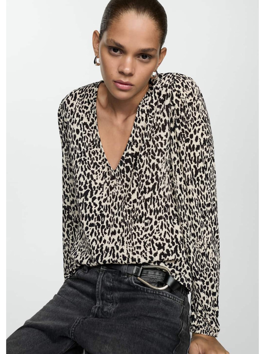 

MANGO Animal Print V-Neck Top, Black