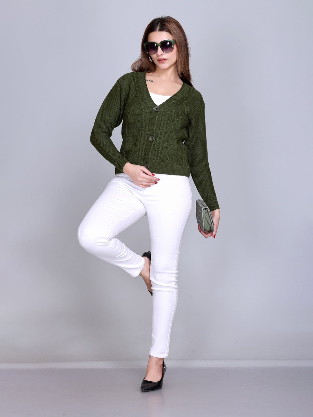 

Winter Wonders Women Cable Knit Woollen Crop Cardigan, Green