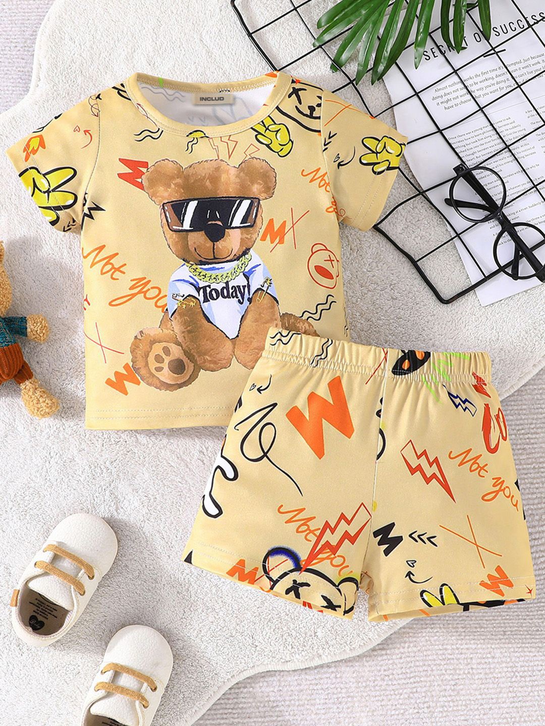 

INCLUD Boys Printed Round Neck Short Sleeves T-Shirt With Shorts, Beige