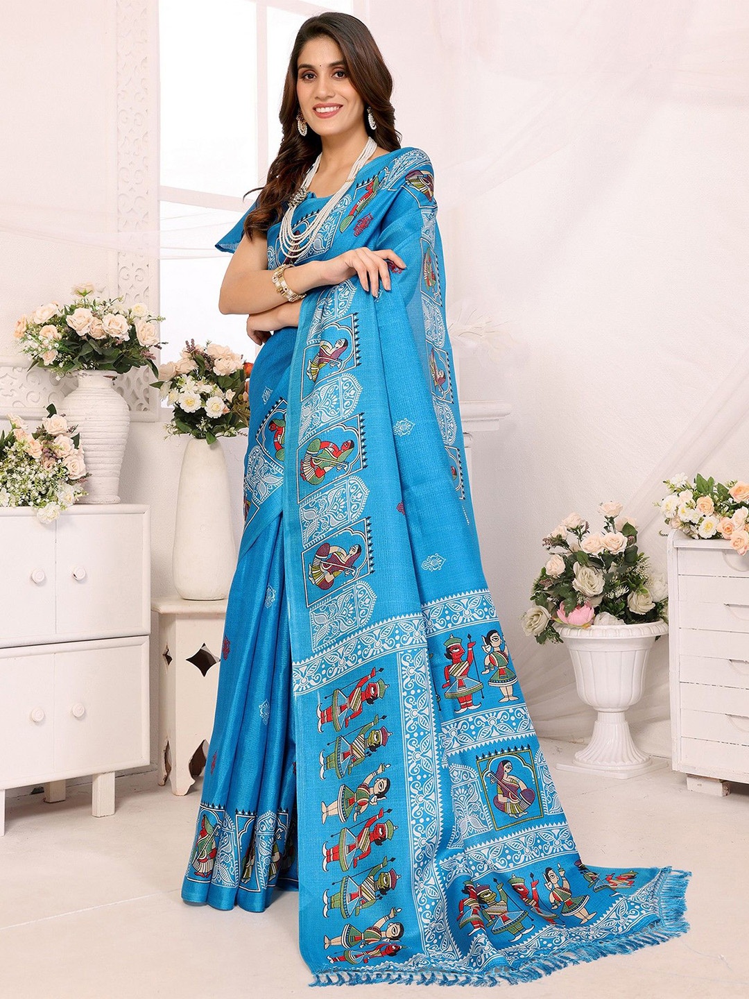 

KALINI Ethnic Motifs Printed Saree With Blouse Piece, Blue