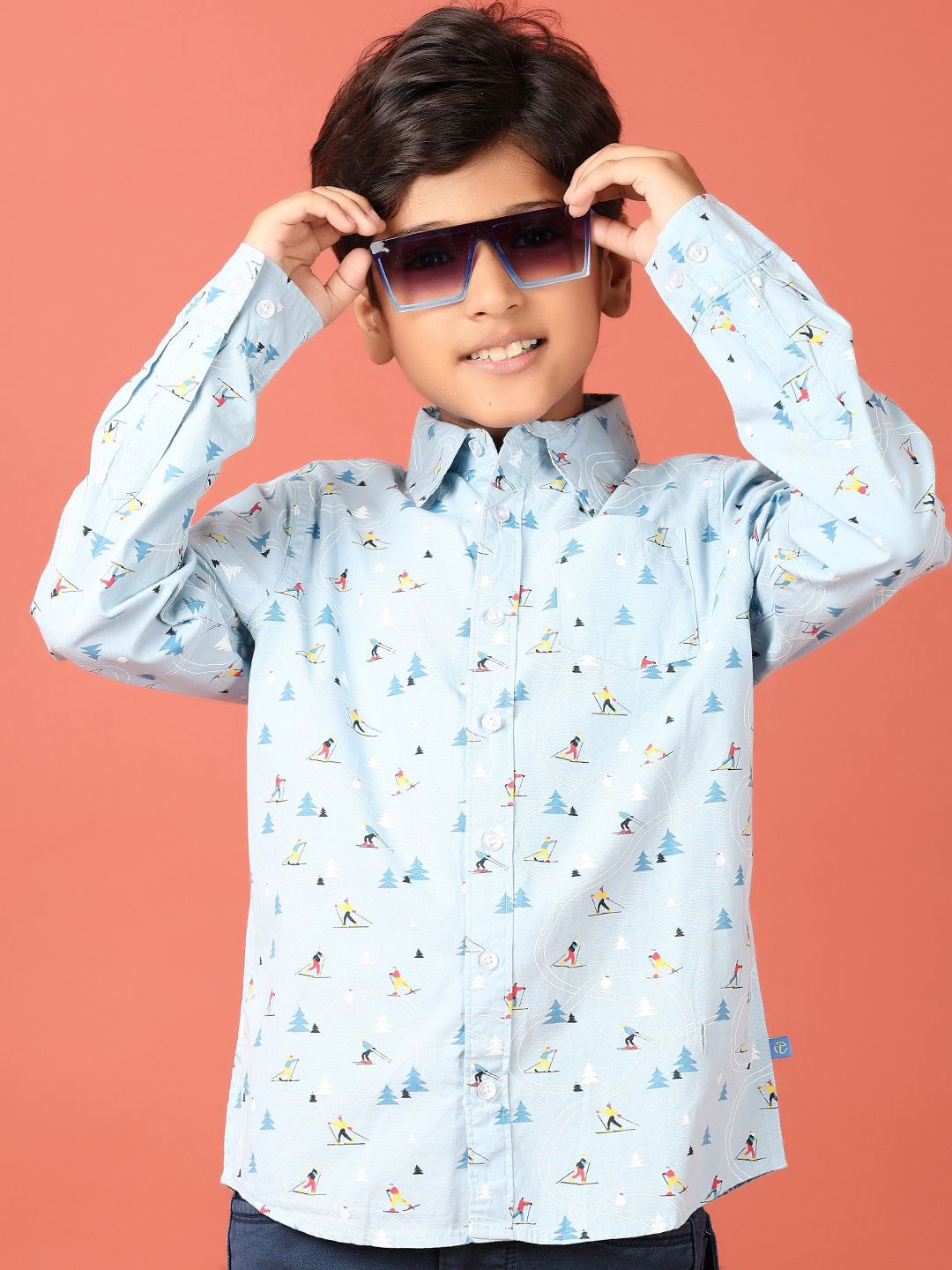 

V-Mart Boys Spread Collar Conversational Printed Cotton Casual Shirt, Blue