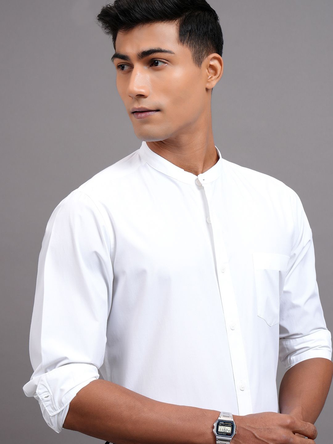 

Highlander Men Solid Mandarin Collar Casual Shirt, White