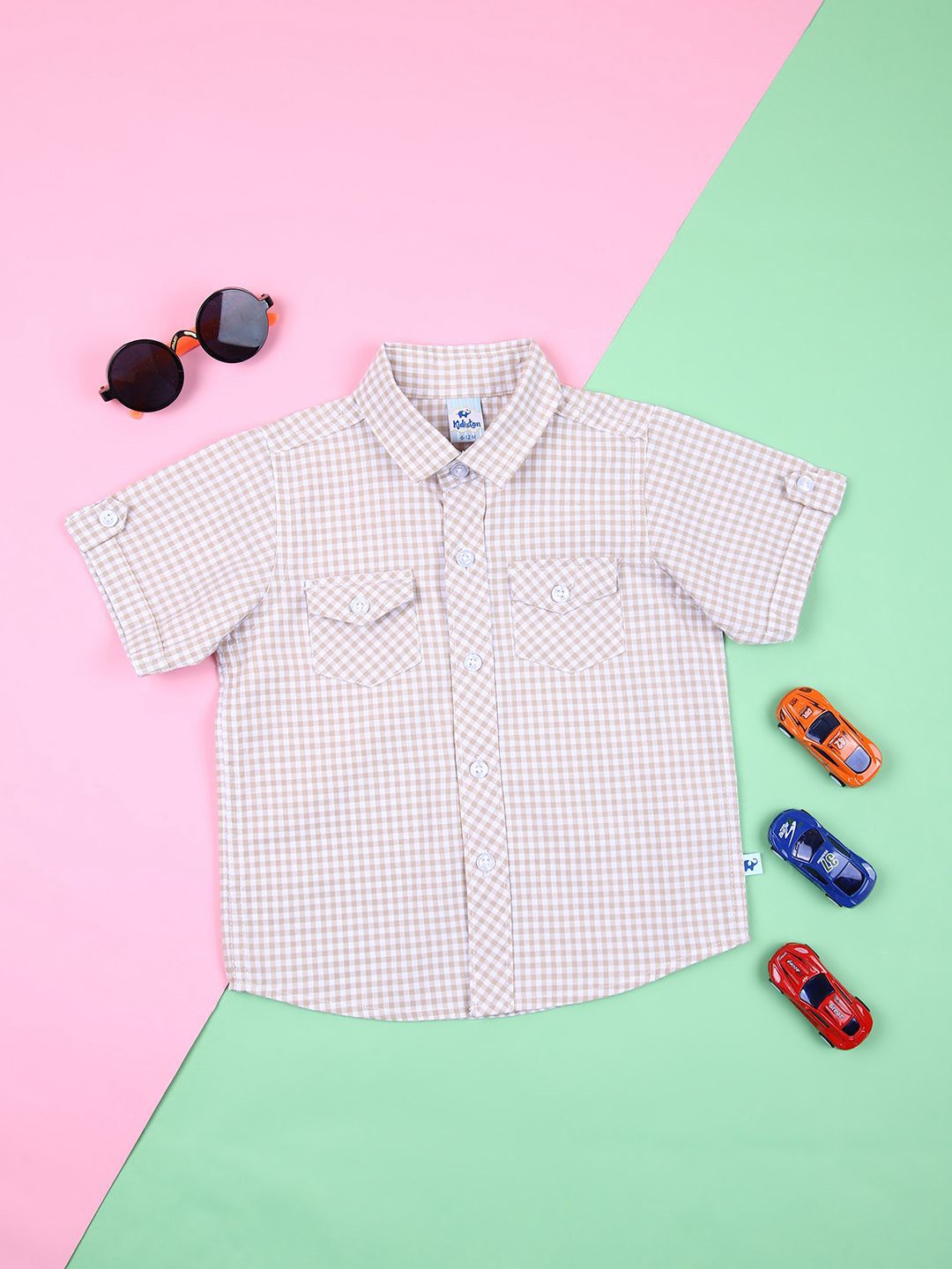 

V-Mart Unisex Kids Gingham Checks Opaque Checked Casual Shirt, Beige
