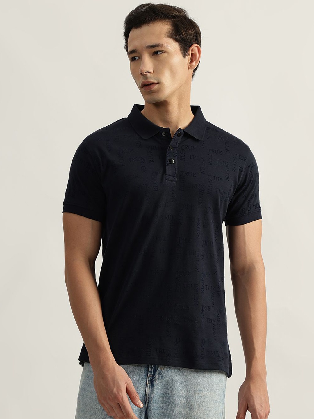 

True Religion Men Typography Printed Polo Collar Cotton T-shirt, Navy blue