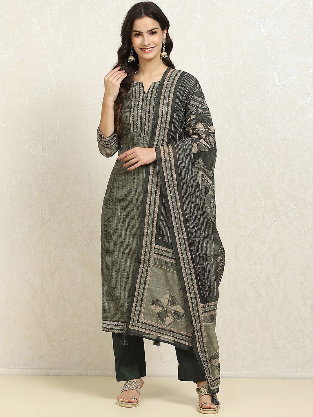

Biba Striped Unstitched Dress Material, Green