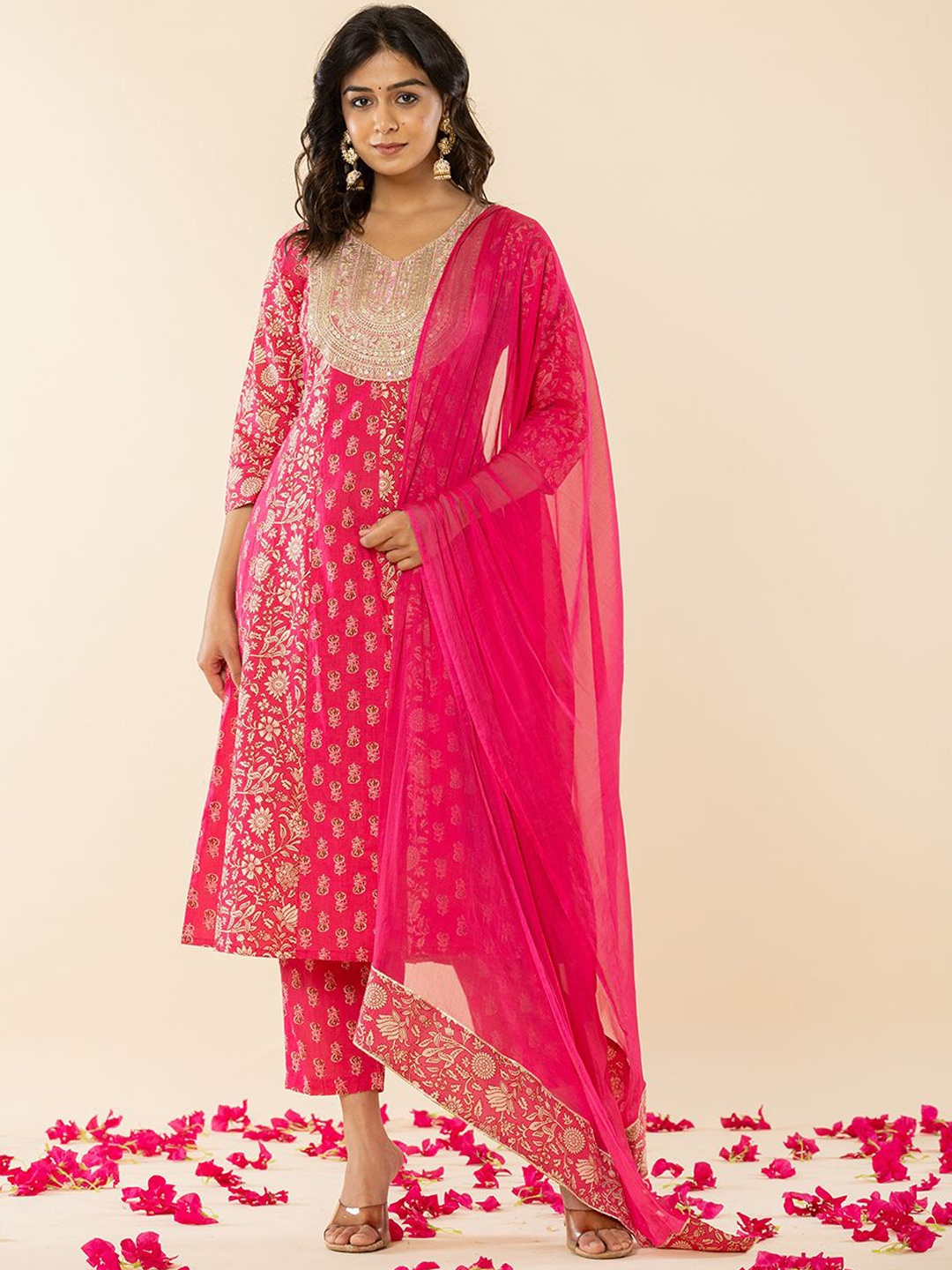 

Yufta Floral Printed Panelled Thread Work Pure Cotton A-Line Kurta & Trouser With Dupatta, Pink