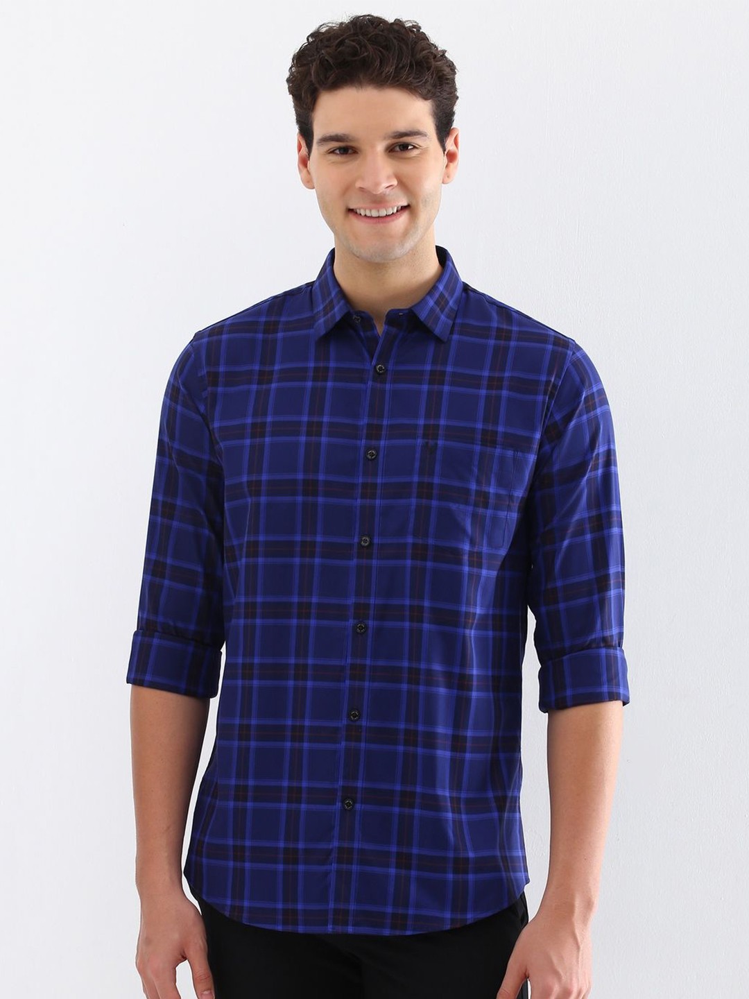 

Allen Solly Men Spread Collar Tartan Checked Cotton Slim Fit Casual Shirt, Navy blue