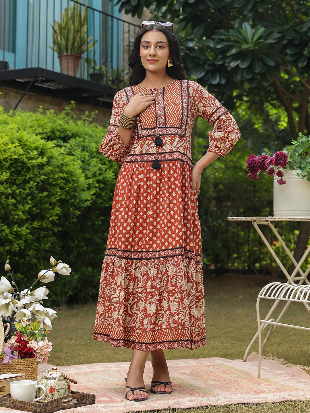 

Jaipur Morni Floral Printed Cotton Fit & Flare Maxi Dress, Mustard