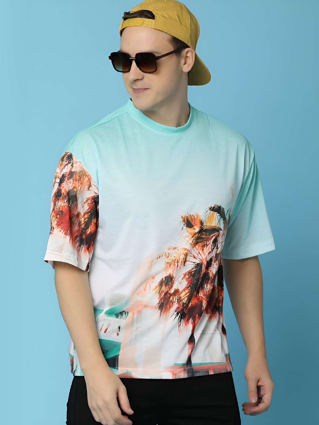 

V-Mart Men Floral Printed Round Neck Cotton T-shirt, Blue