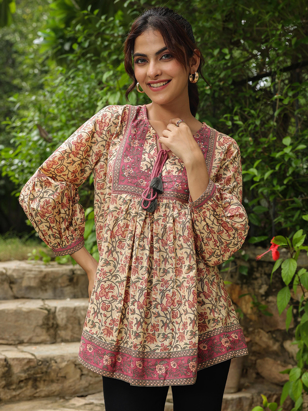 

Jaipur Morni Women Floral Print Cotton Top, Cream