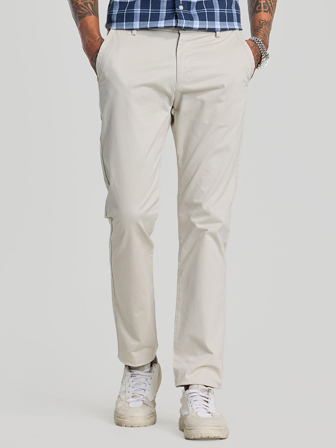 

Snitch Men Smart Slim Fit Chinos Trousers, Cream