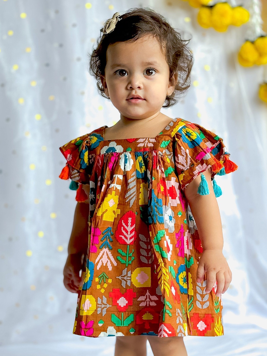 

MASU LIVING Girls Abstract Printed Flutter Sleeve Cotton Fit & Flare Dress, Brown