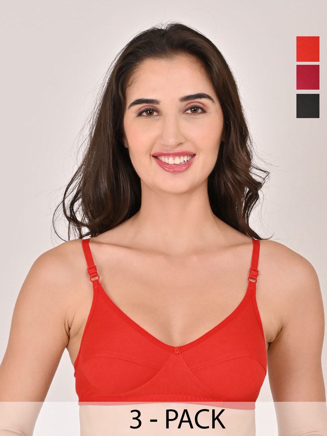 

Piylu Women Pack of 3 Cotton Non Padded Medium Coverage T-shirt Bra, Red