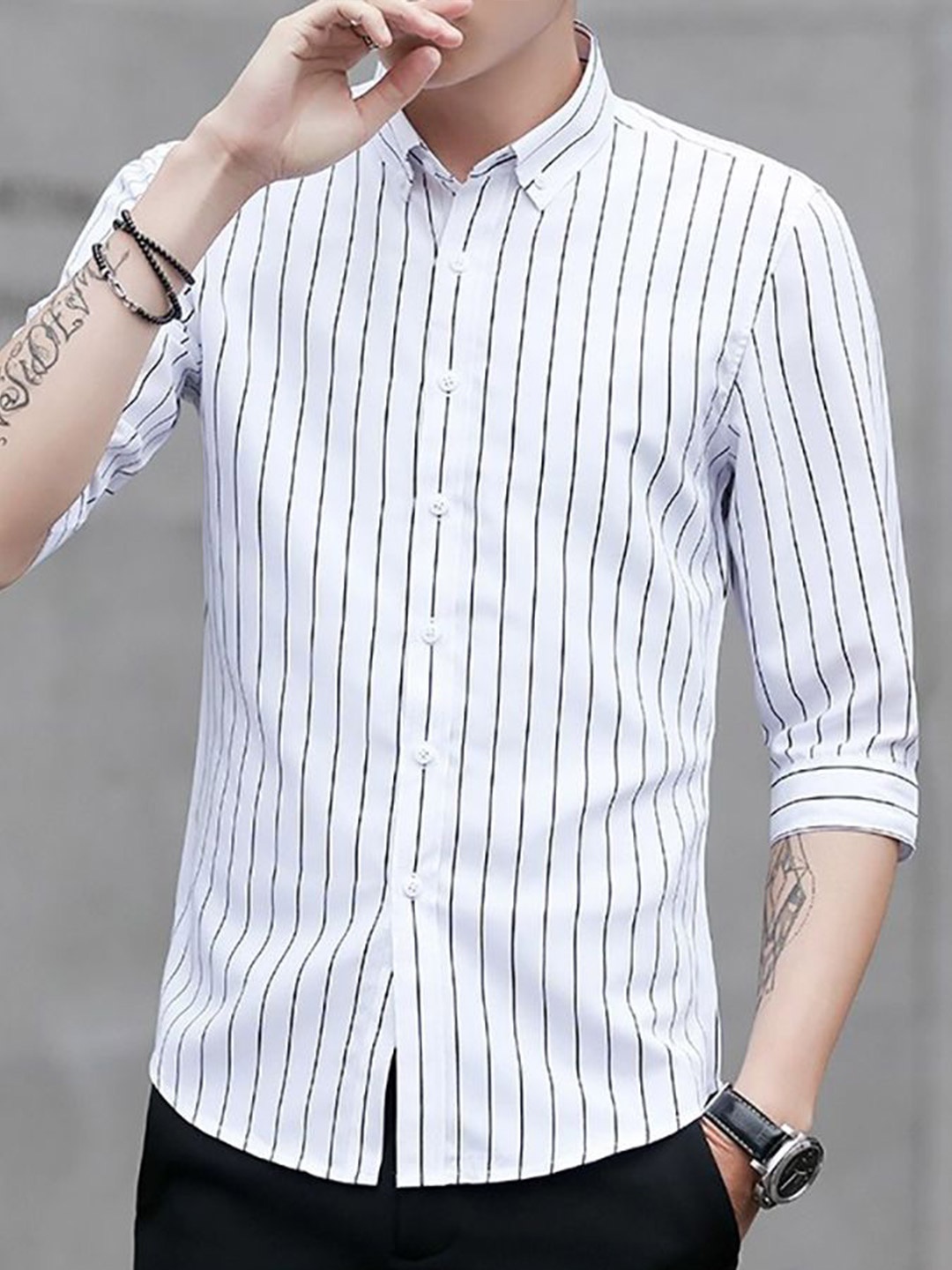 

StyleCast x Revolte Men Cutaway Collar Bengal Striped Cotton Casual Shirt, White