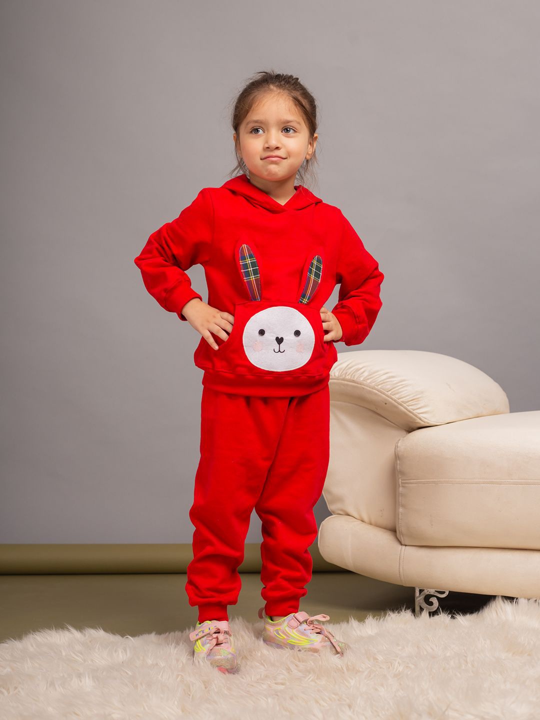 

Budding Bees Girls Rabbit Embroidered Hooded Cotton Fleece Sweatshirt With Joggers, Red