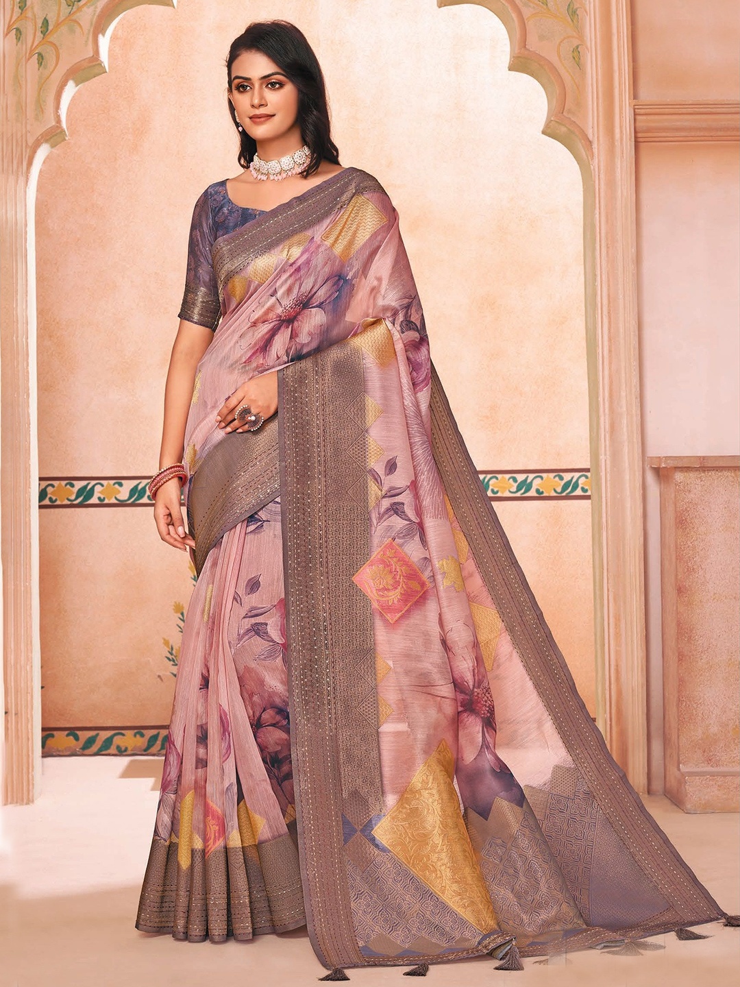 

MAHALASA Floral Printed Woven Design Zari Saree, Purple