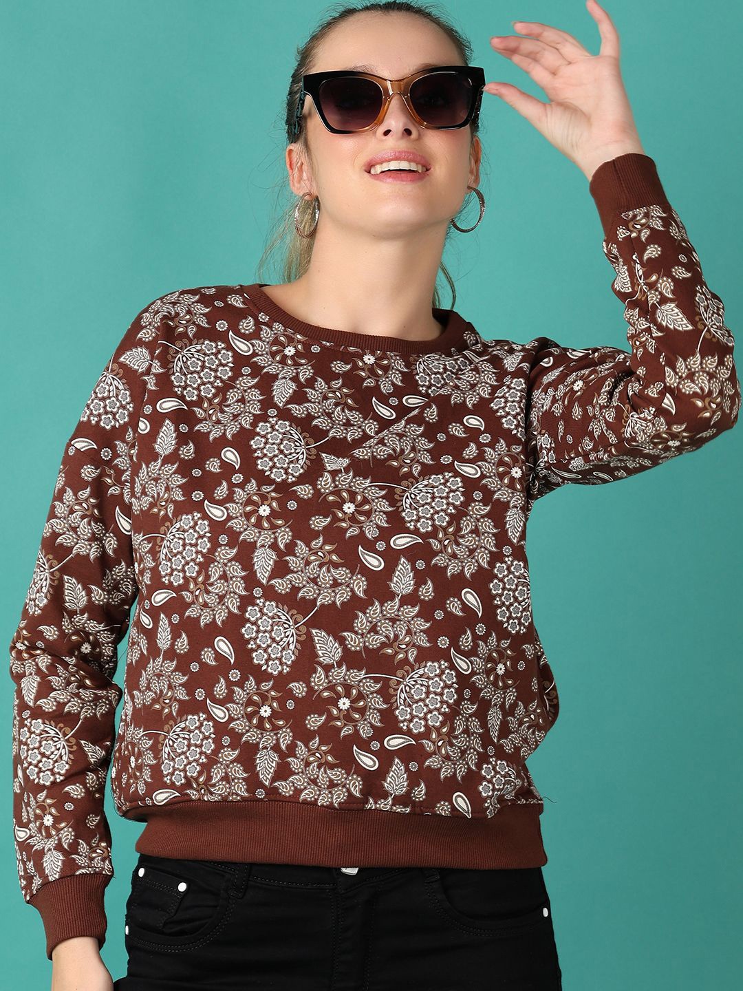 

V-Mart Women Long Sleeves Printed Round Neck Cotton Sweatshirt, Brown