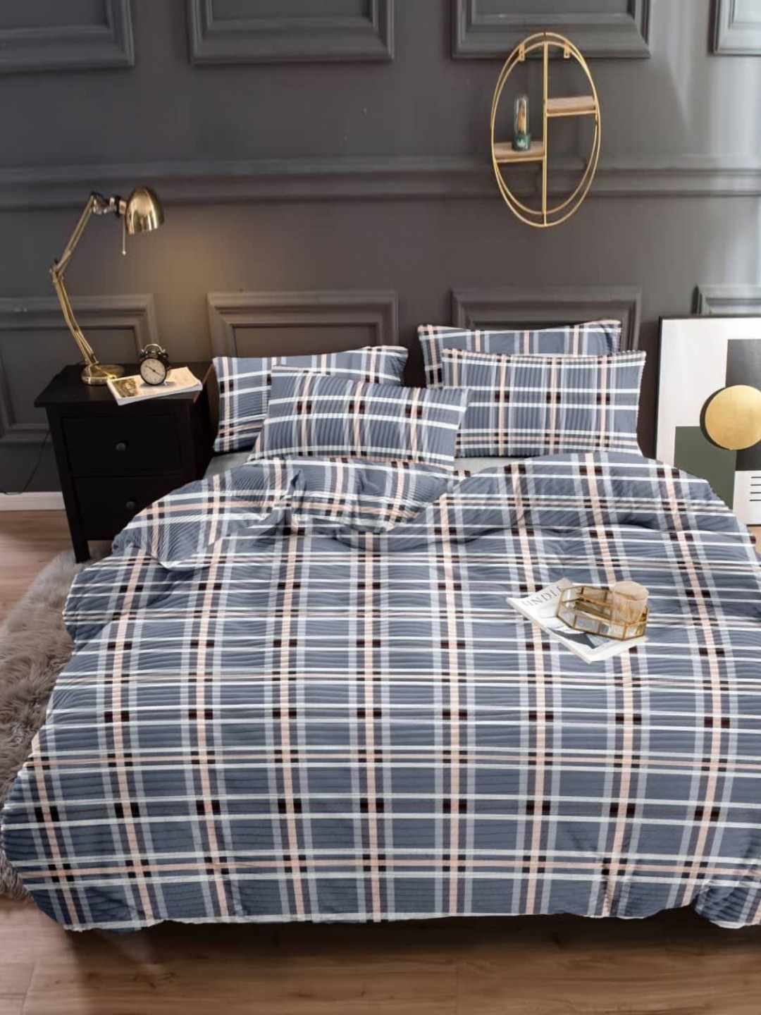 

MORADO Grey & Blue Striped 260 TC Queen Bedsheet with 2 Pillow Covers