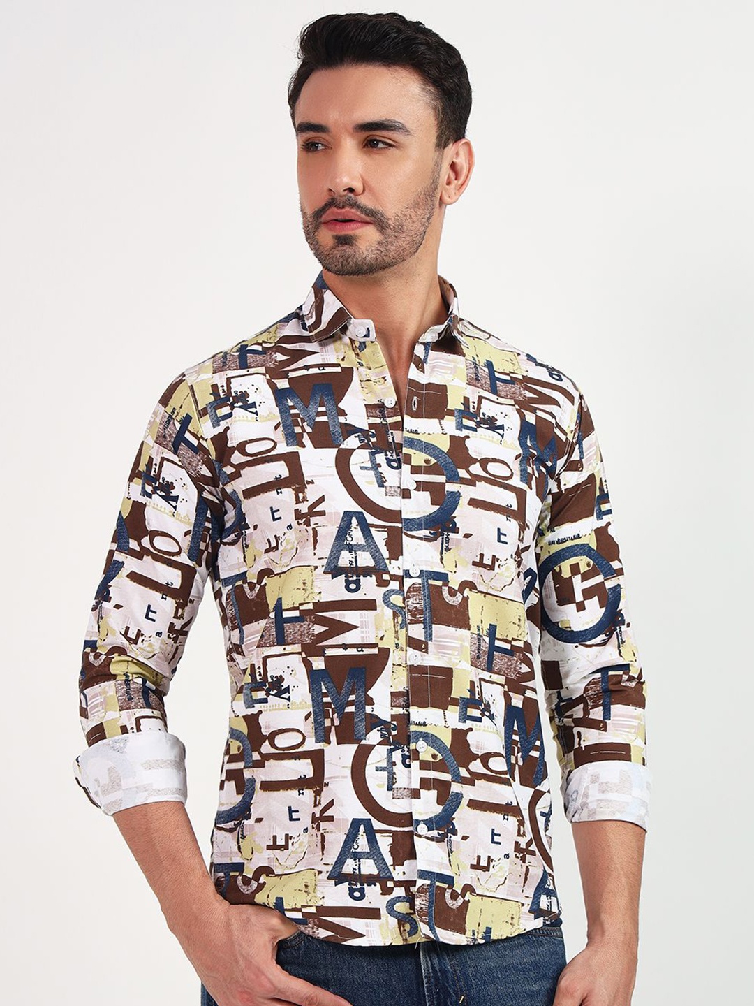 

YOUTH FIRST Men Premium Spread Collar Typography Printed Casual Shirt, Coffee brown