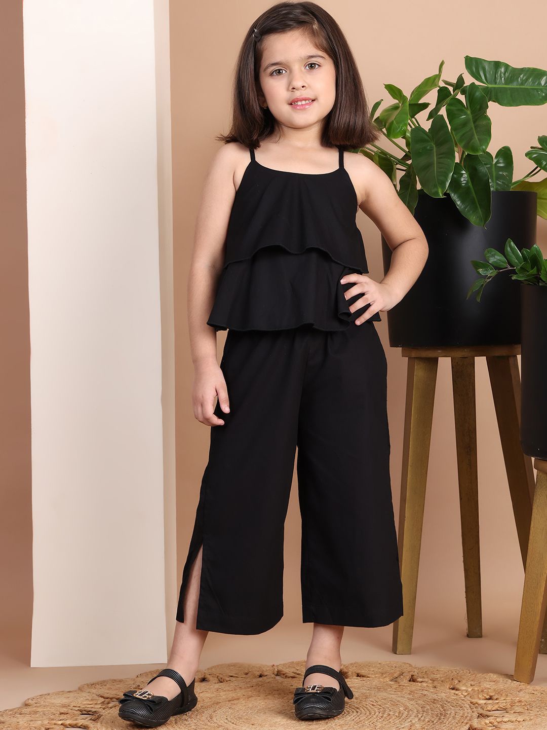 

Baawri Girls Shoulder Straps Pure Cotton Top With Trouser, Black