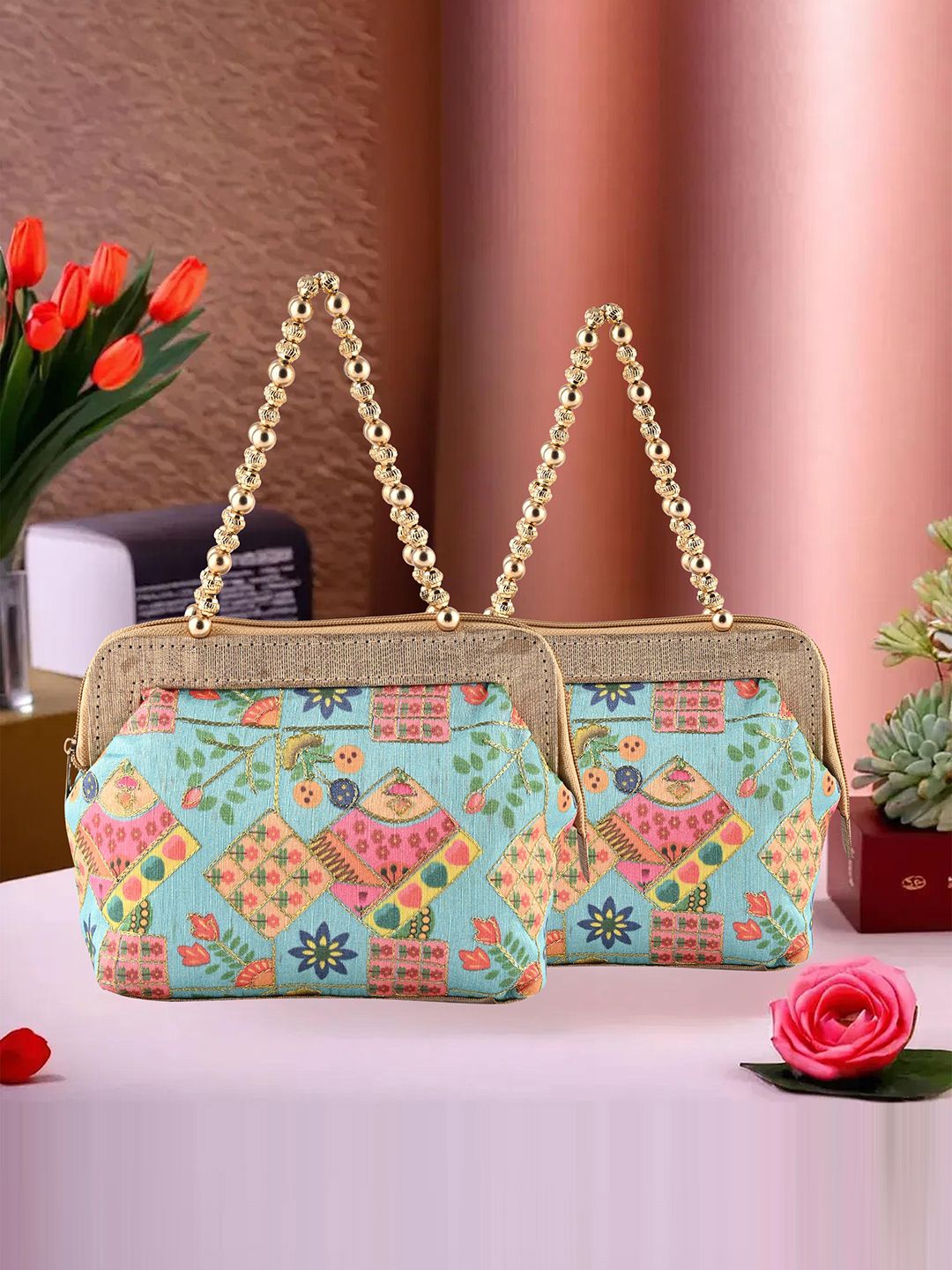 

Kuber Industries Women Pack Of 2 Floral Embroidered Structured Handheld Bags, Blue