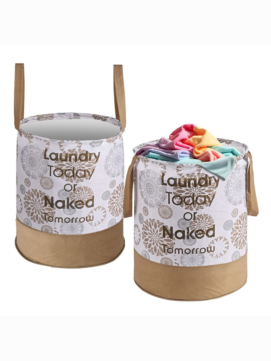 

Kuber Industries Beige & White 2 Pieces Printed Foldable Laundry Bags 45L