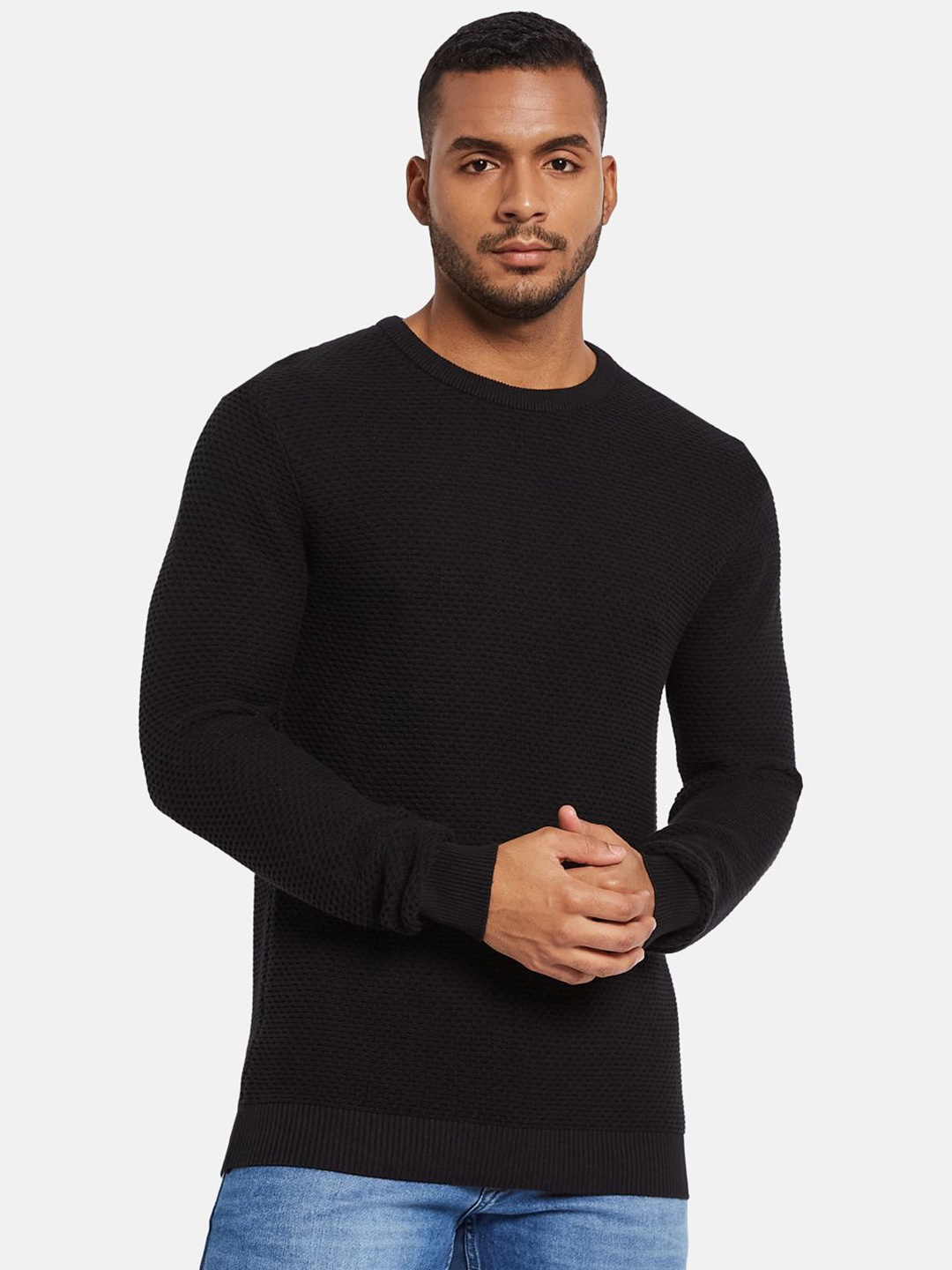 

METTLE Men Solid Pullover Cotton Sweater, Black