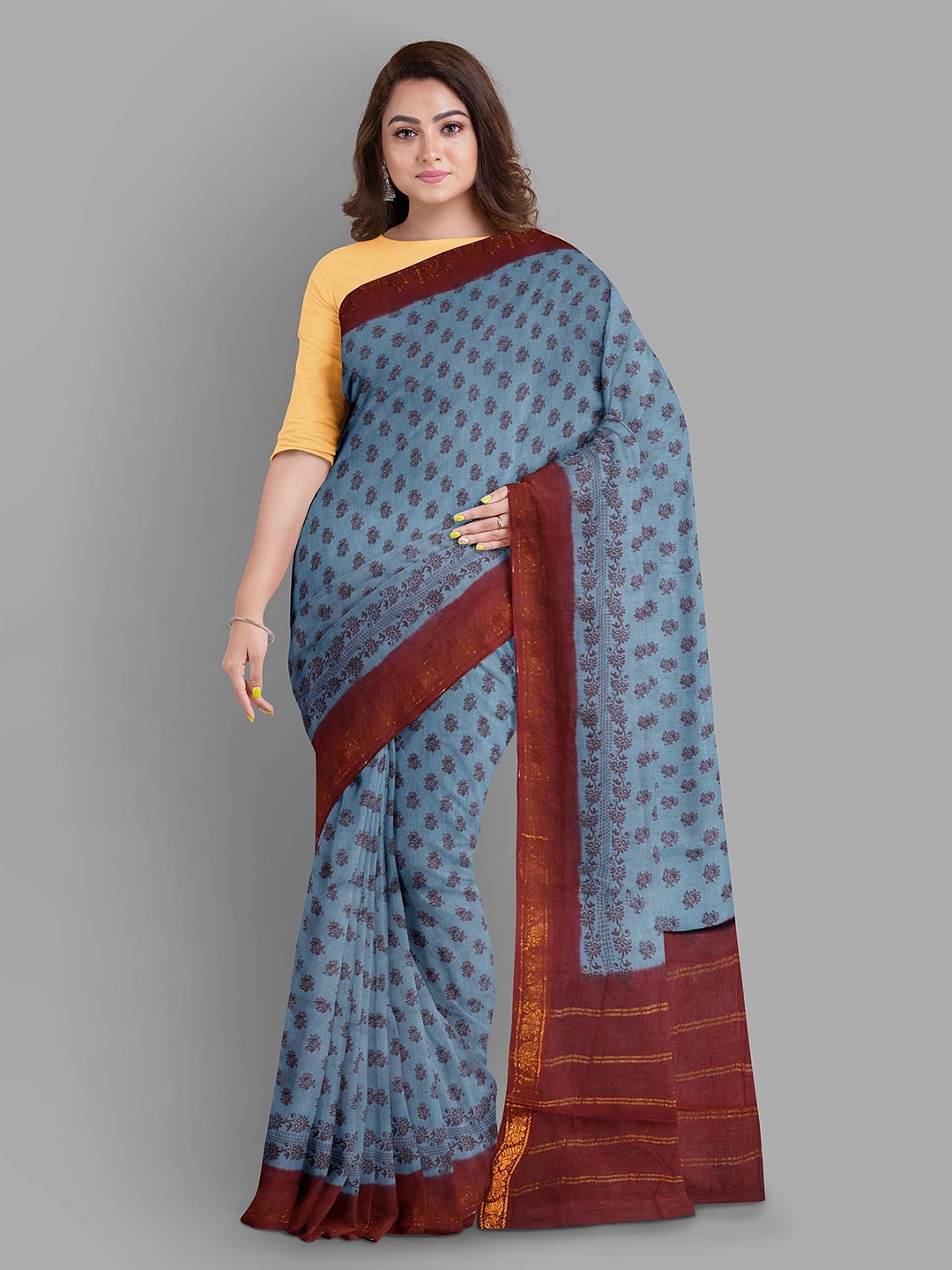

The Chennai Silks Floral Pure Cotton Fusion Sungudi Saree, Grey
