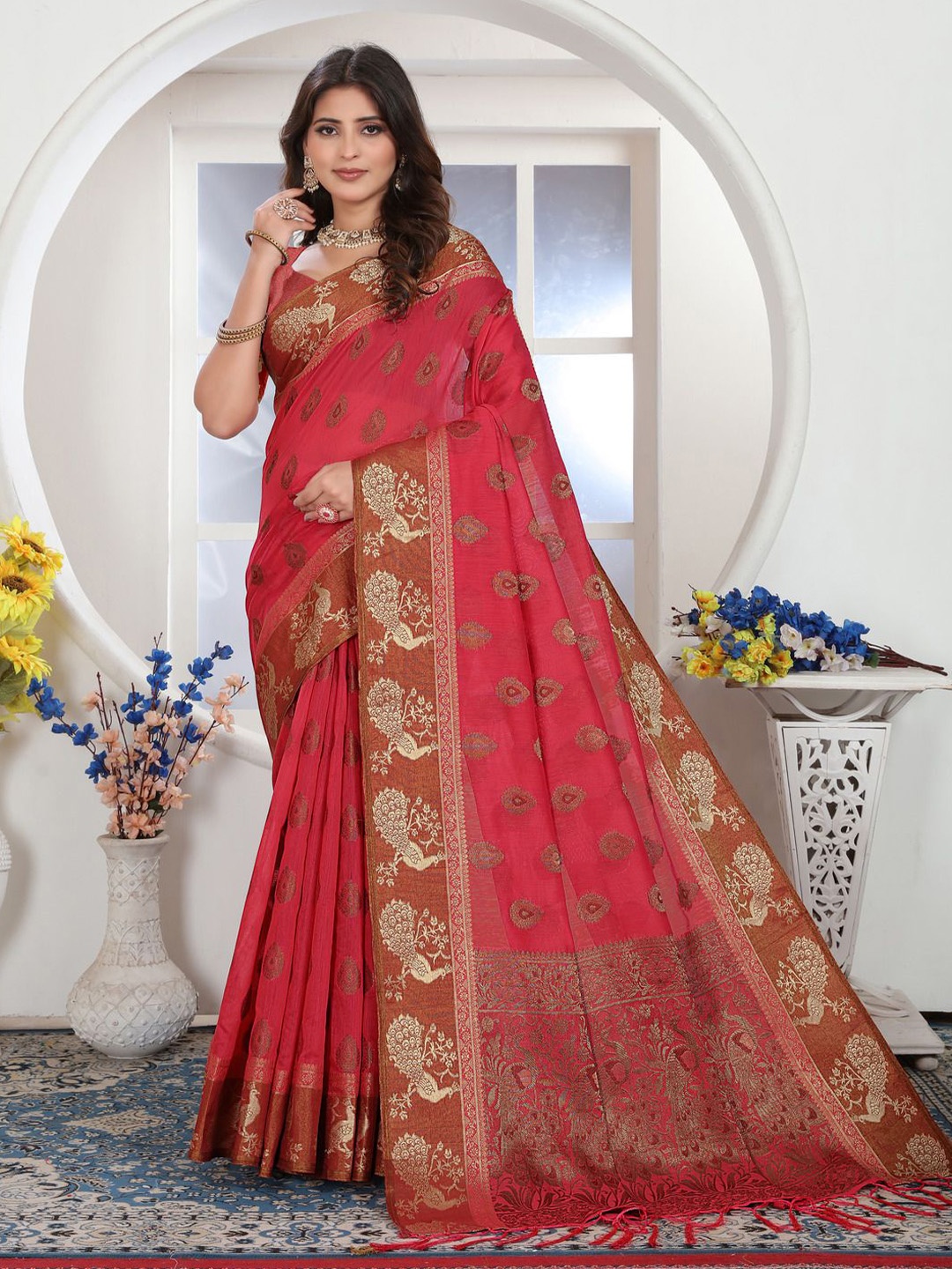 

ISHIKA FAB Woven Design Zari Chanderi Saree, Pink