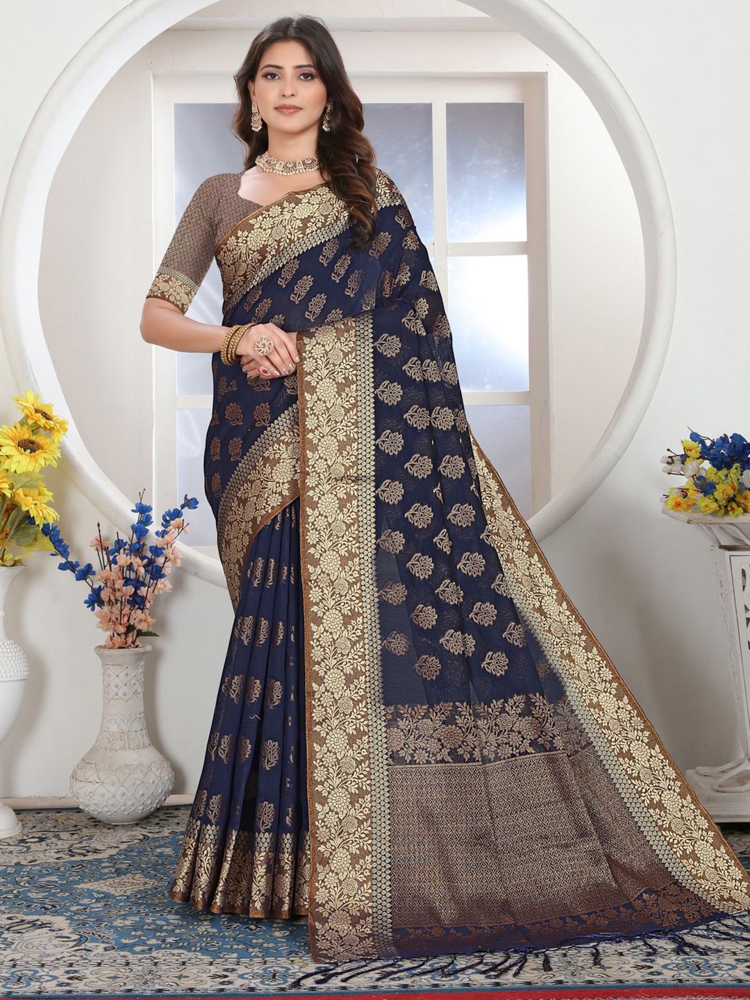 

ISHIKA FAB Woven Design Zari Art Silk Chanderi Saree, Navy blue