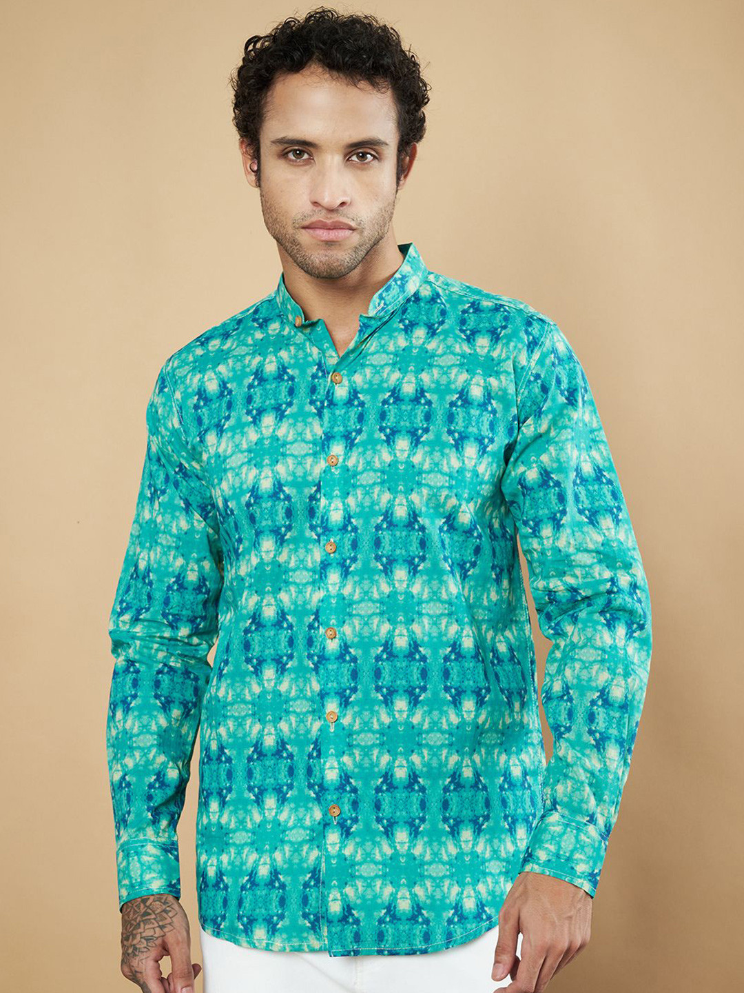 

KALINI Men Premium Band Collar Dyed Cotton Casual Shirt, Turquoise blue
