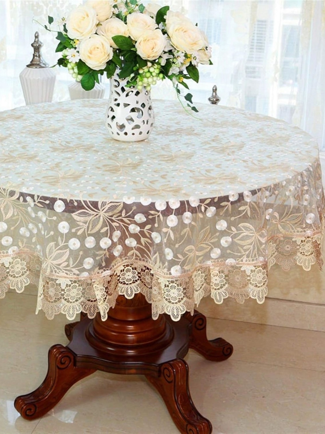 

MONKDECOR White Floral Round 4-Seater Table Cover with Embroidered details