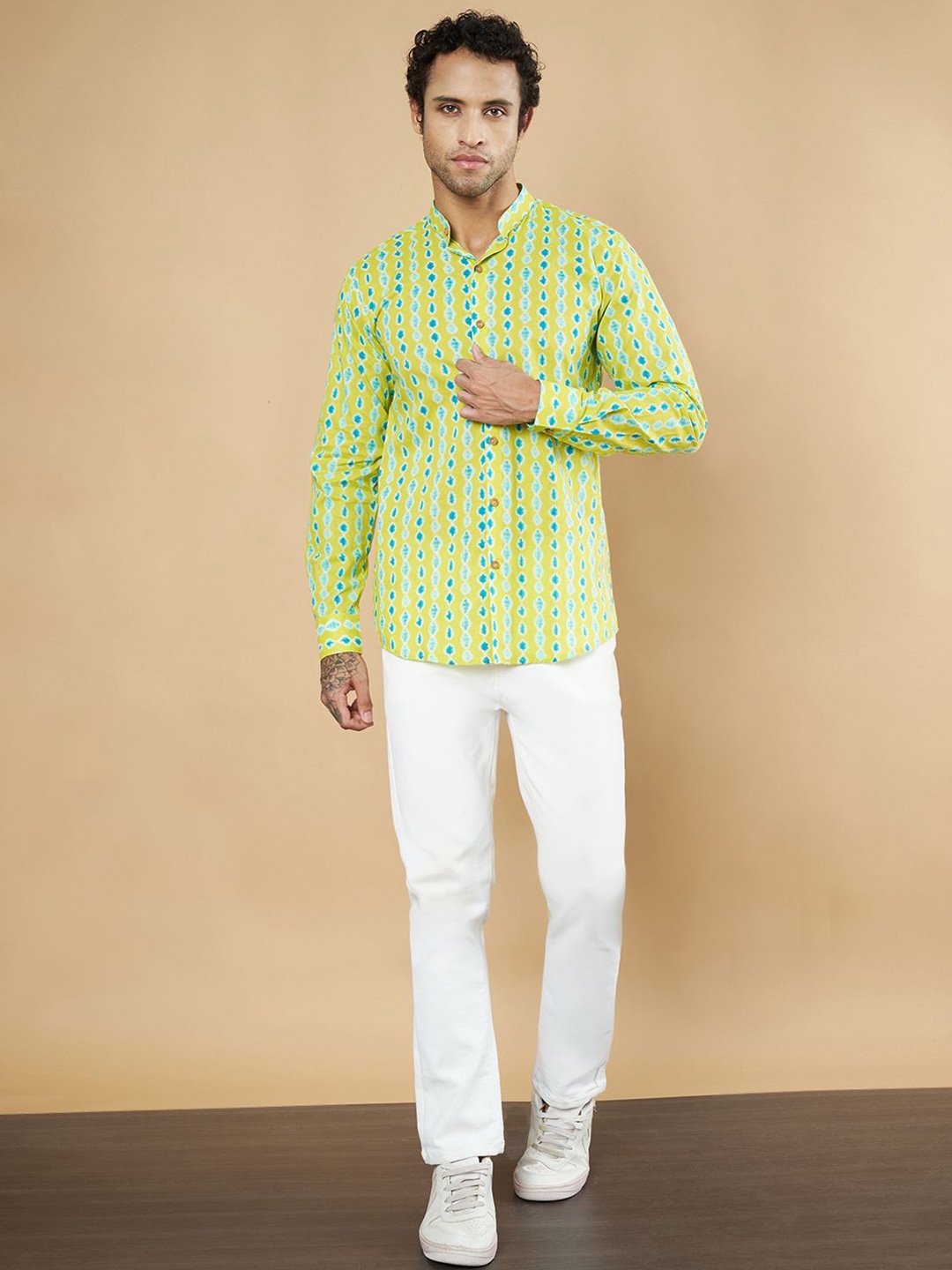 

KALINI Men Premium Band Collar Abstract Printed Cotton Casual Shirt, Fluorescent green