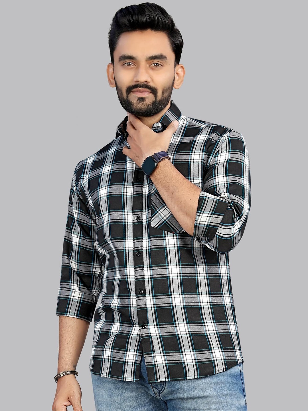 

allan peter Men Classic Spread Collar Tartan Checked Cotton Casual Shirt, Black