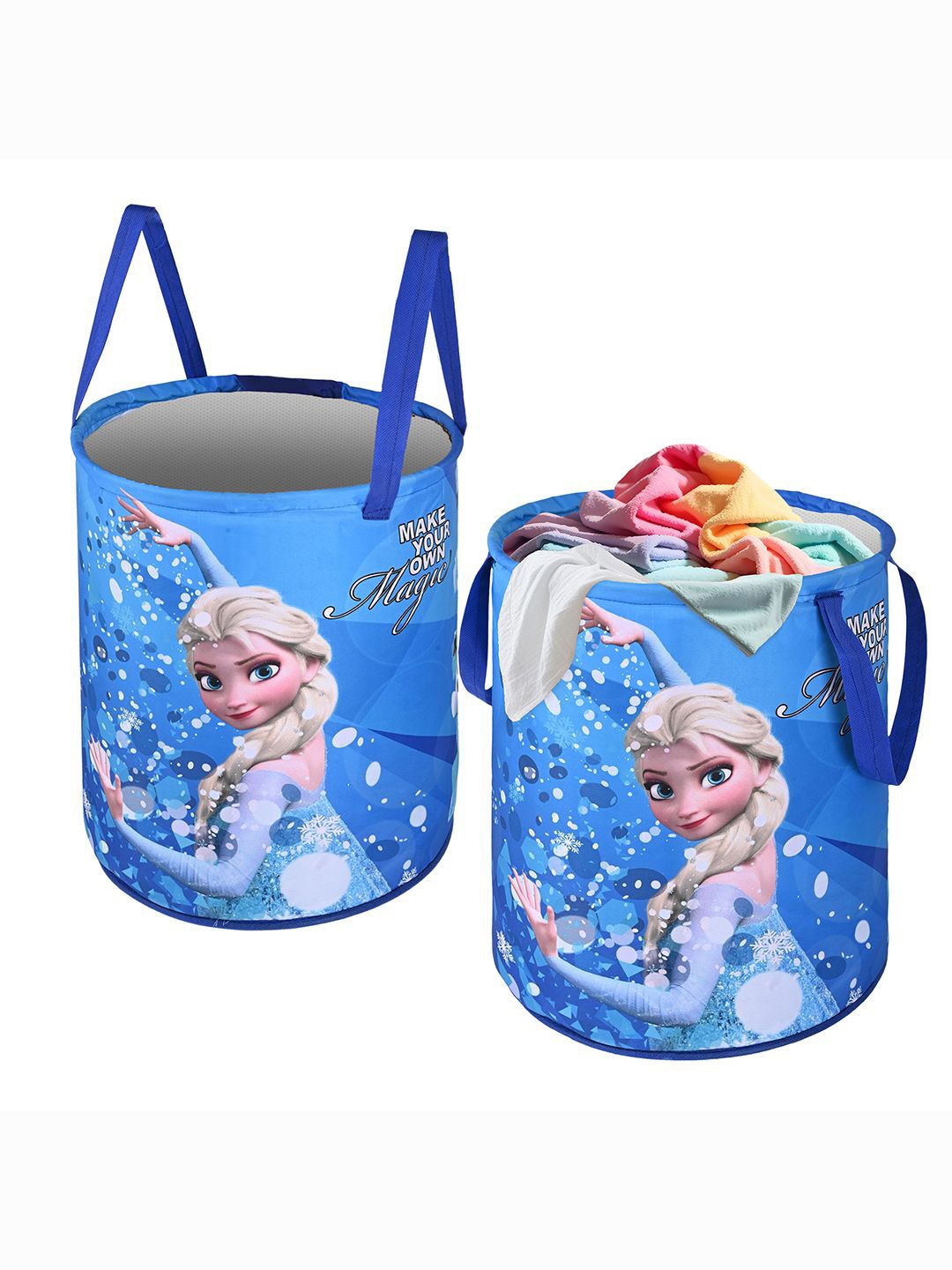 

Kuber Industries Blue & White 2 Pieces Disney Frozen Printed Foldable Laundry Bags 45 l