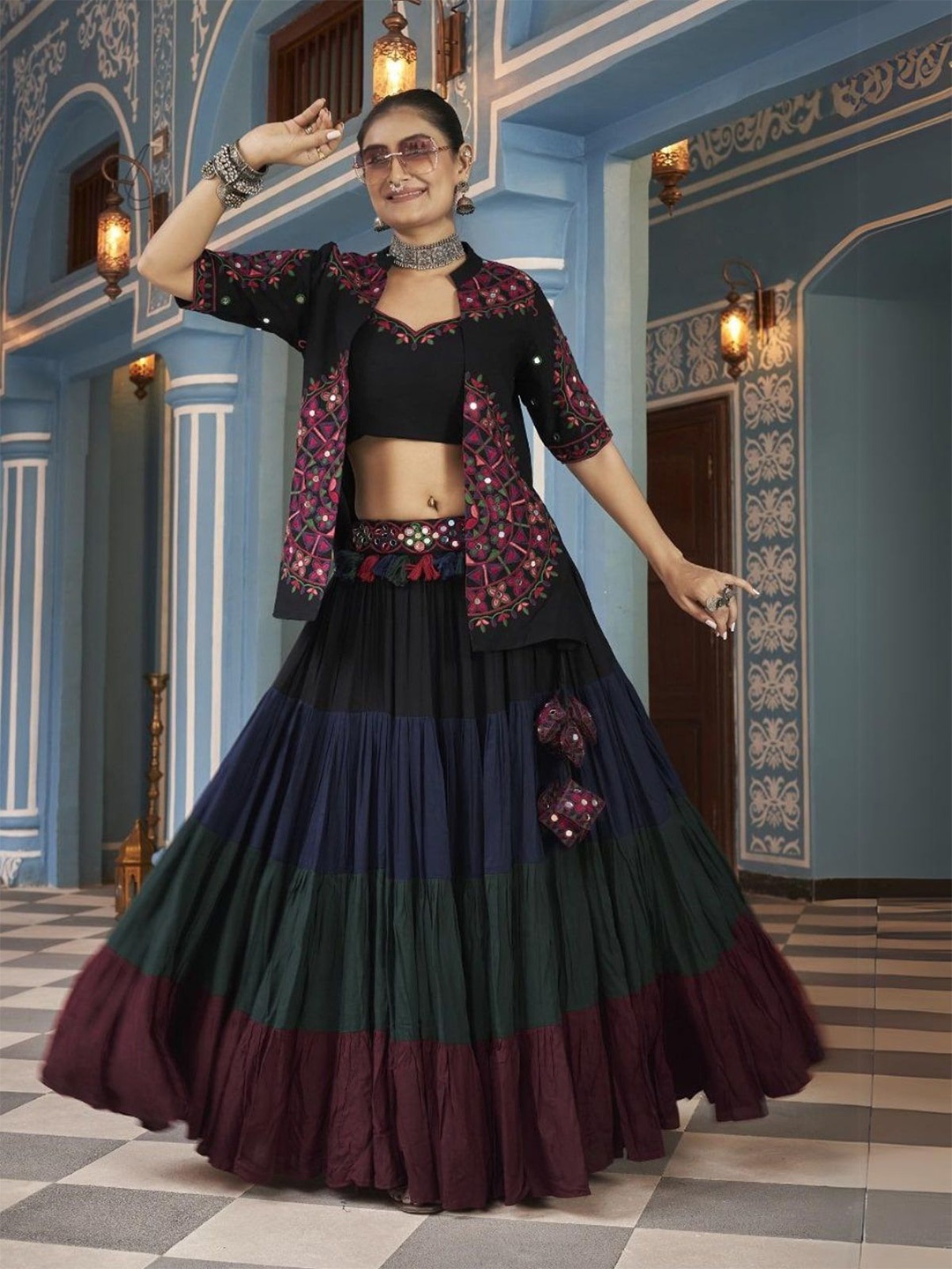 

ODETTE Embroidered Thread Work Ready to Wear Lehenga & Top With Jacket, Black