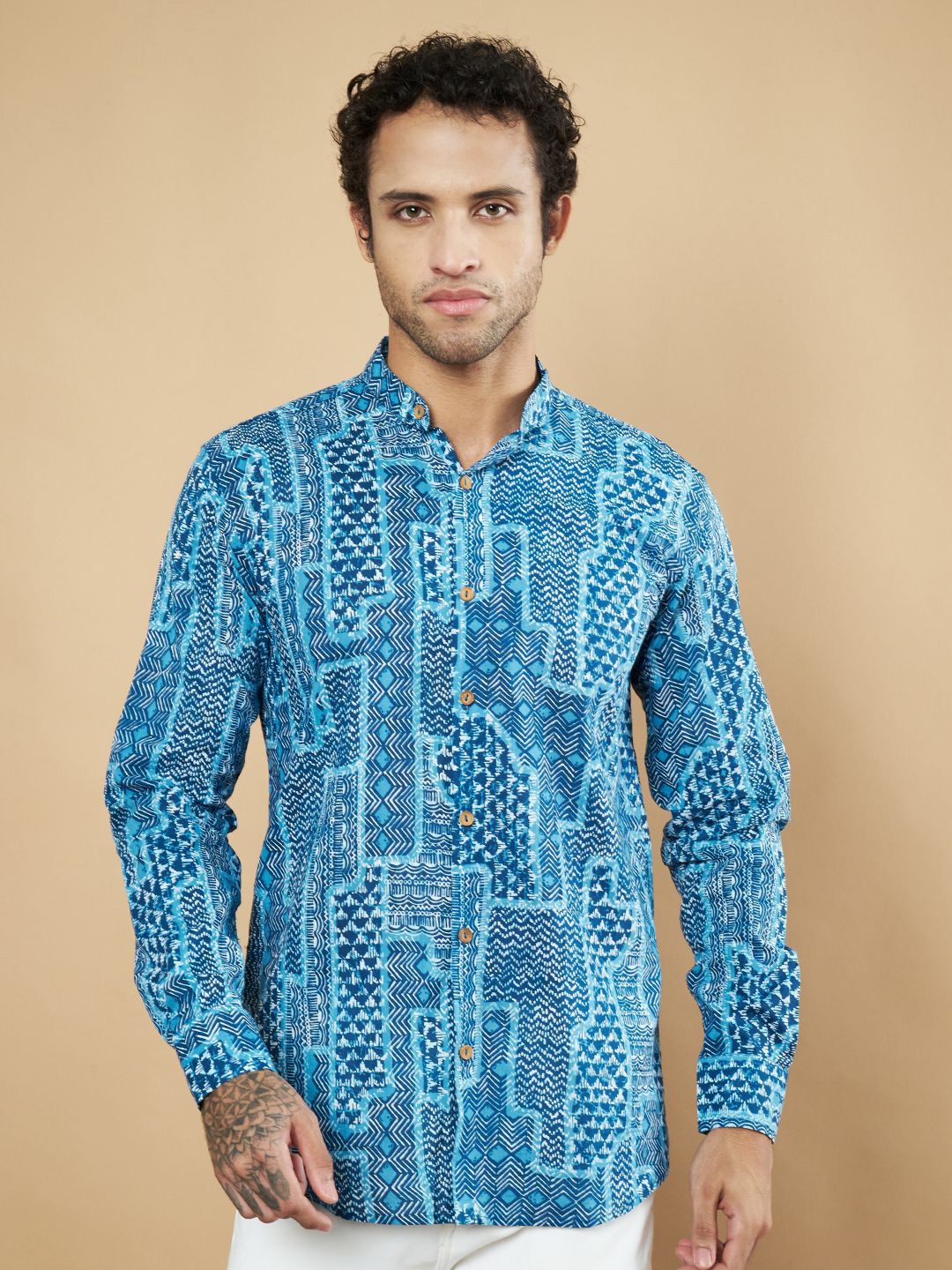 

COTLAND FASHION Men Premium Mandarin Collar Ethnic Motifs Printed Cotton Casual Shirt, Blue