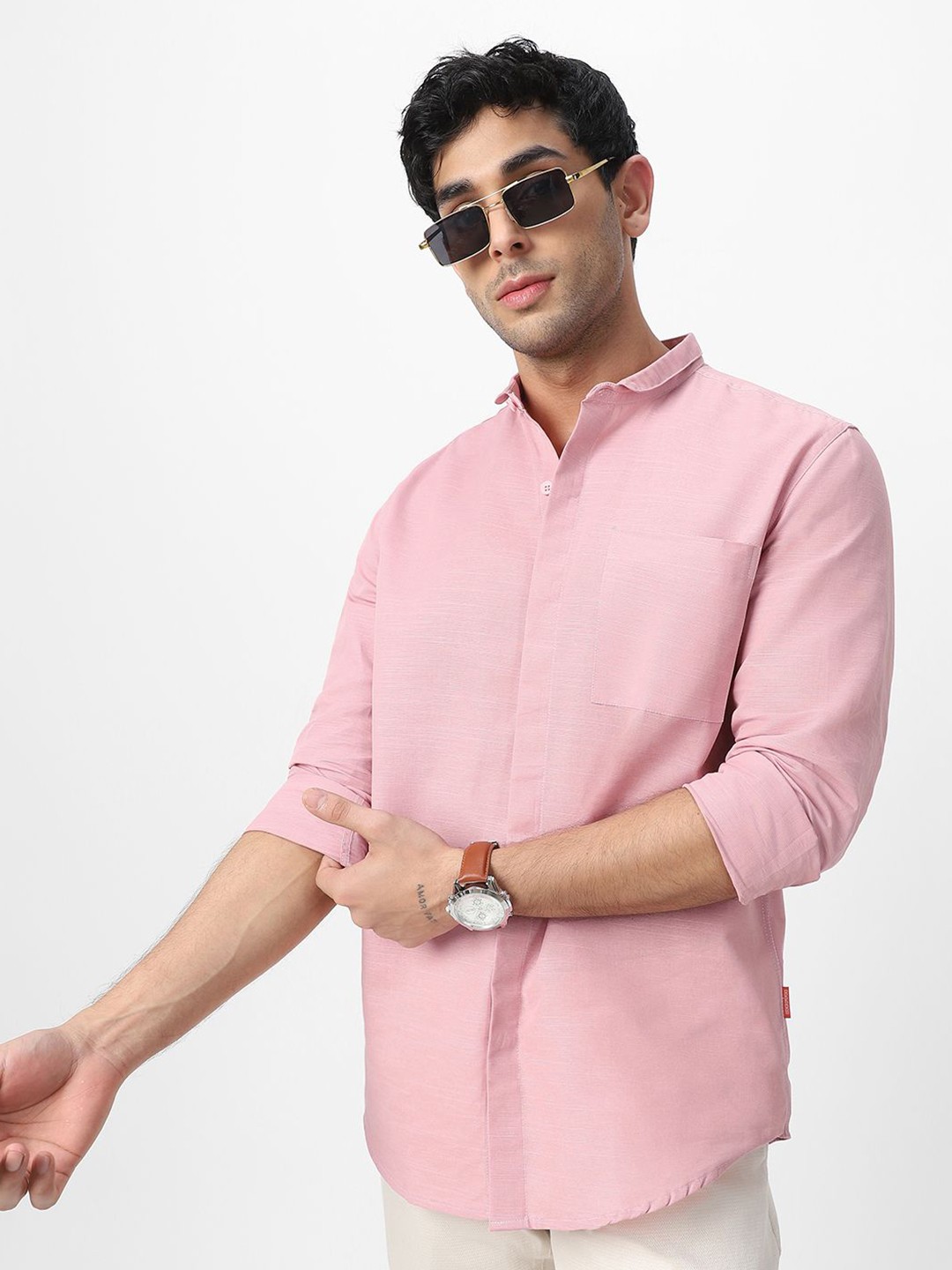 

Urbano Fashion Men Slim Collar Solid Cotton Casual Shirt, Pink