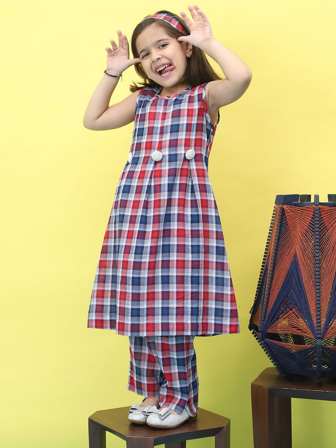

Baawri Girls Checked Pure Cotton Top with Trousers, Red
