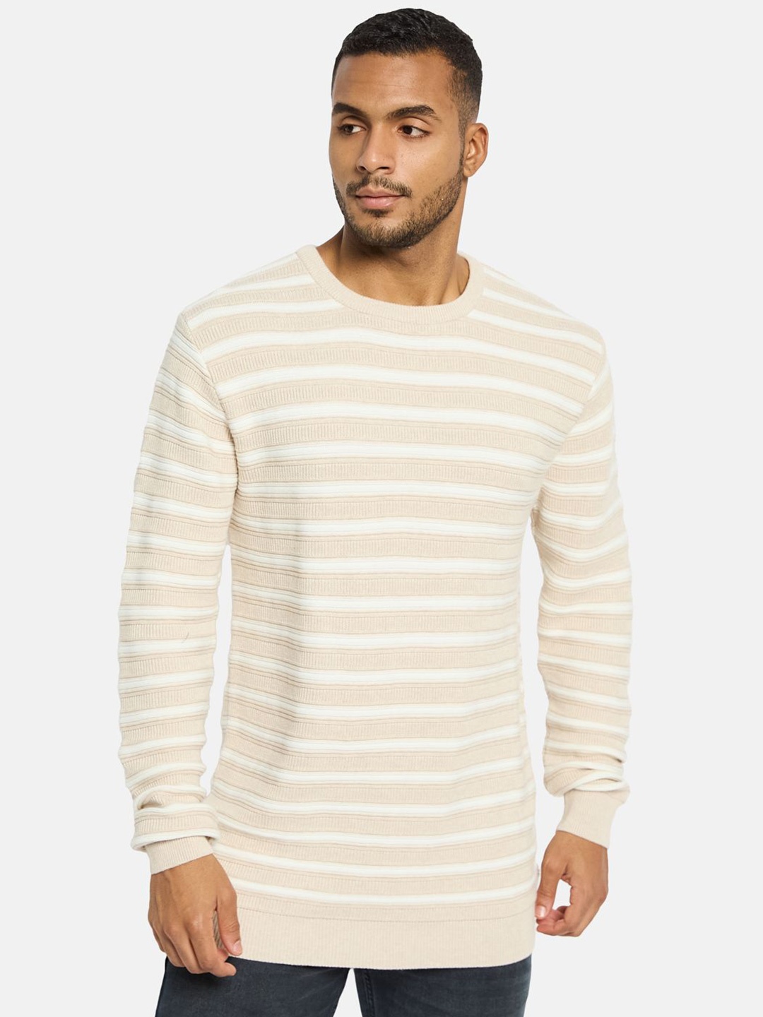 

METTLE Men Striped Round Neck Cotton Pullover, Cream