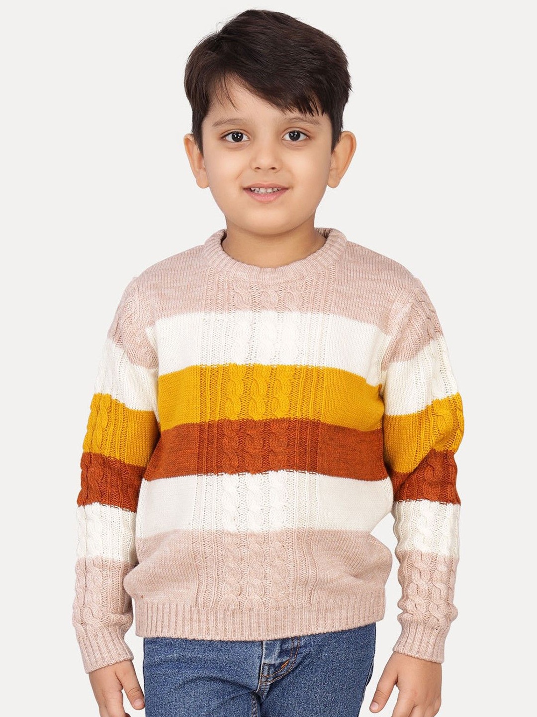 

JoE Hazel Boys Round Neck Striped Pullover, Beige