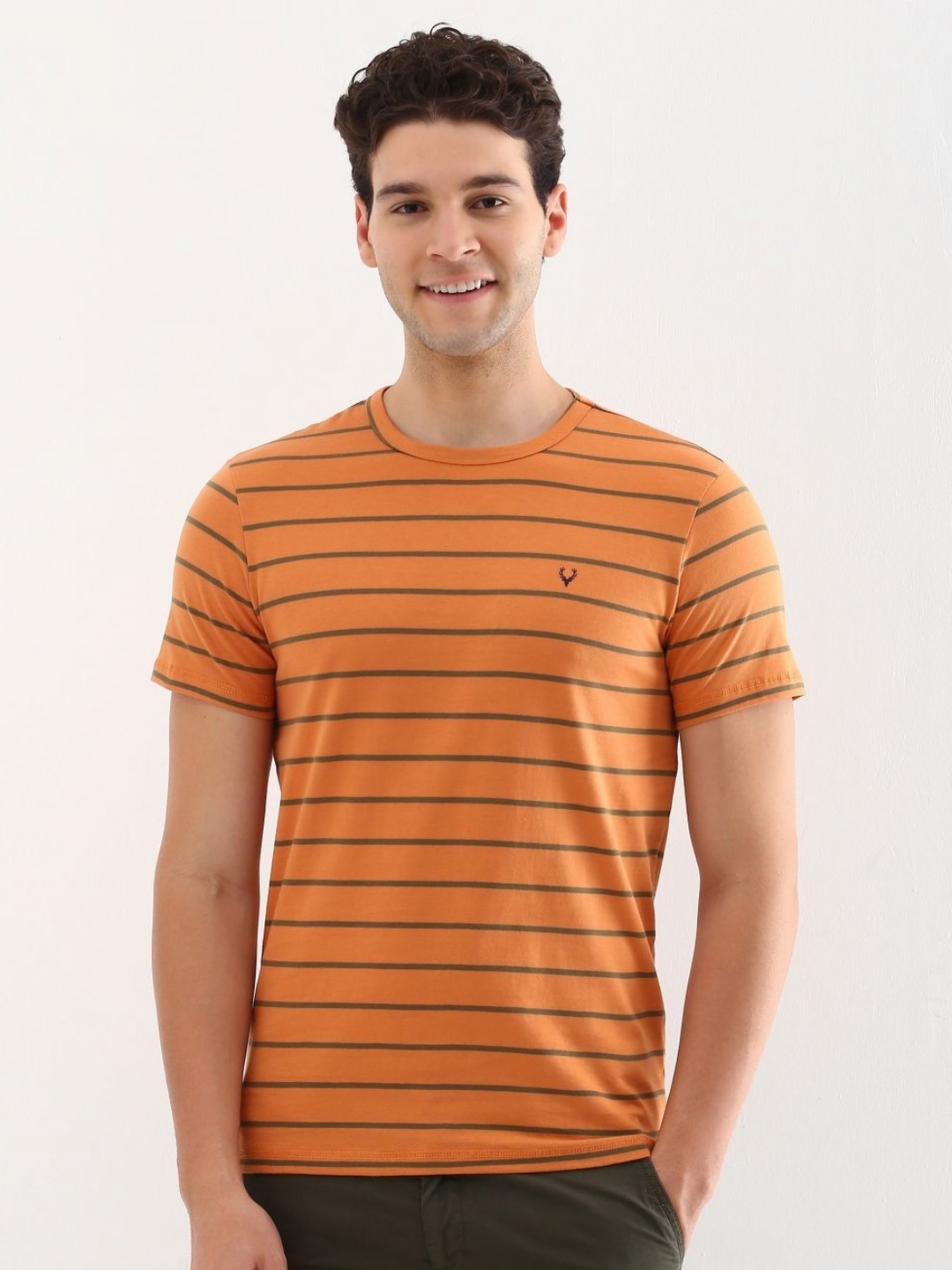 

Allen Solly Men Striped Round Neck Cotton Slim Fit T-shirt, Orange