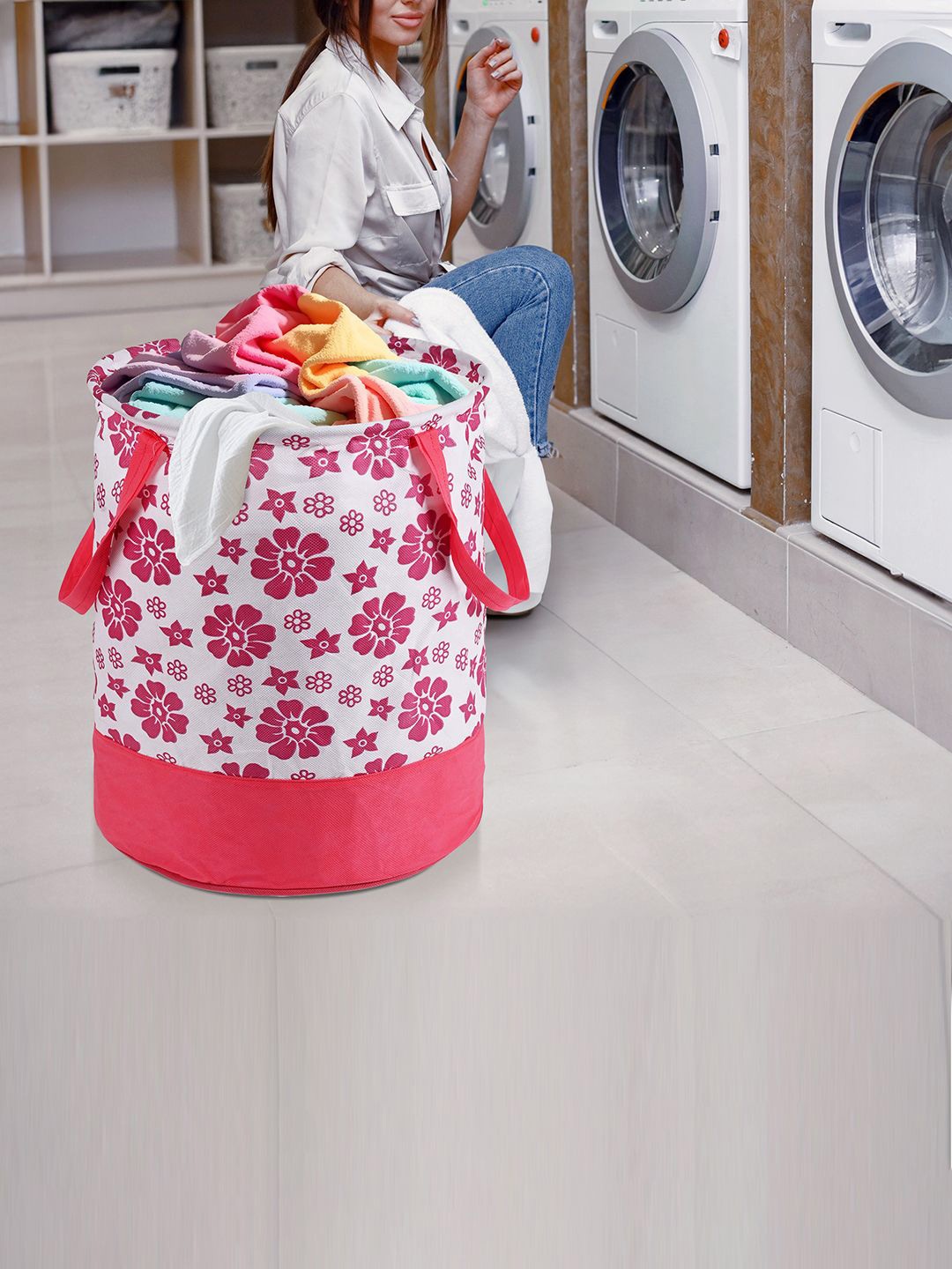 

Kuber Industries Pink 3 Pieces Floral Printed Foldable Laundry Bag 45L