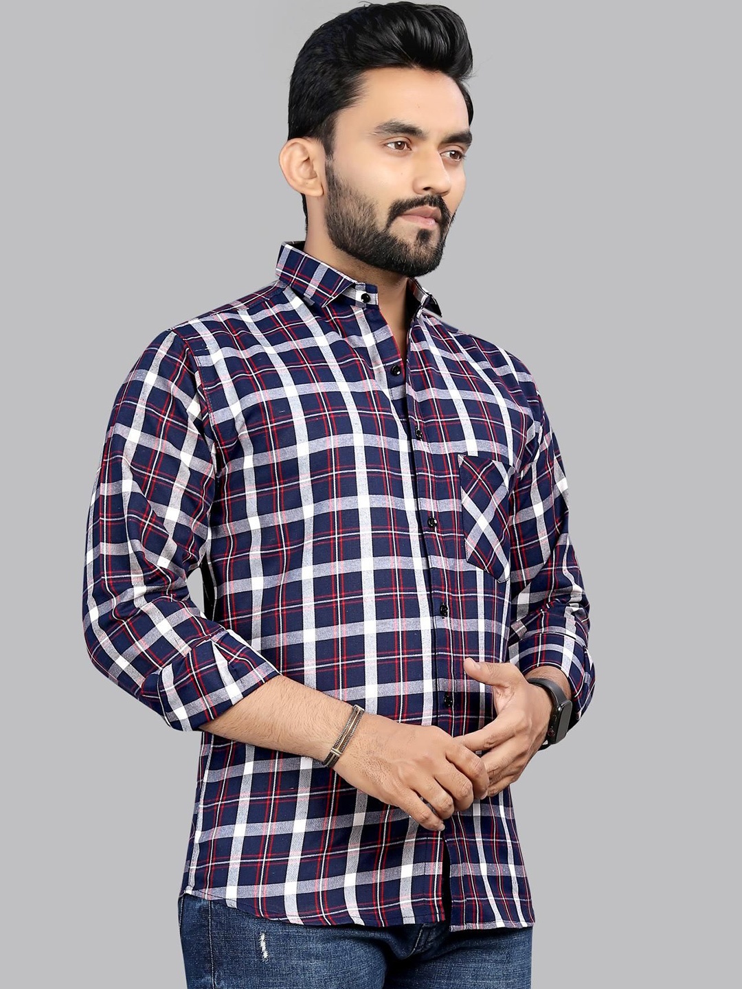 

allan peter Men Classic Spread Collar Checked Cotton Casual Shirt, Navy blue